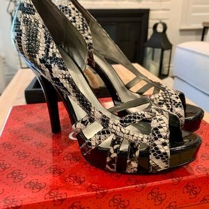 Guess, Shona Platform peep toe snakeskin sandal heel, lots of compliments